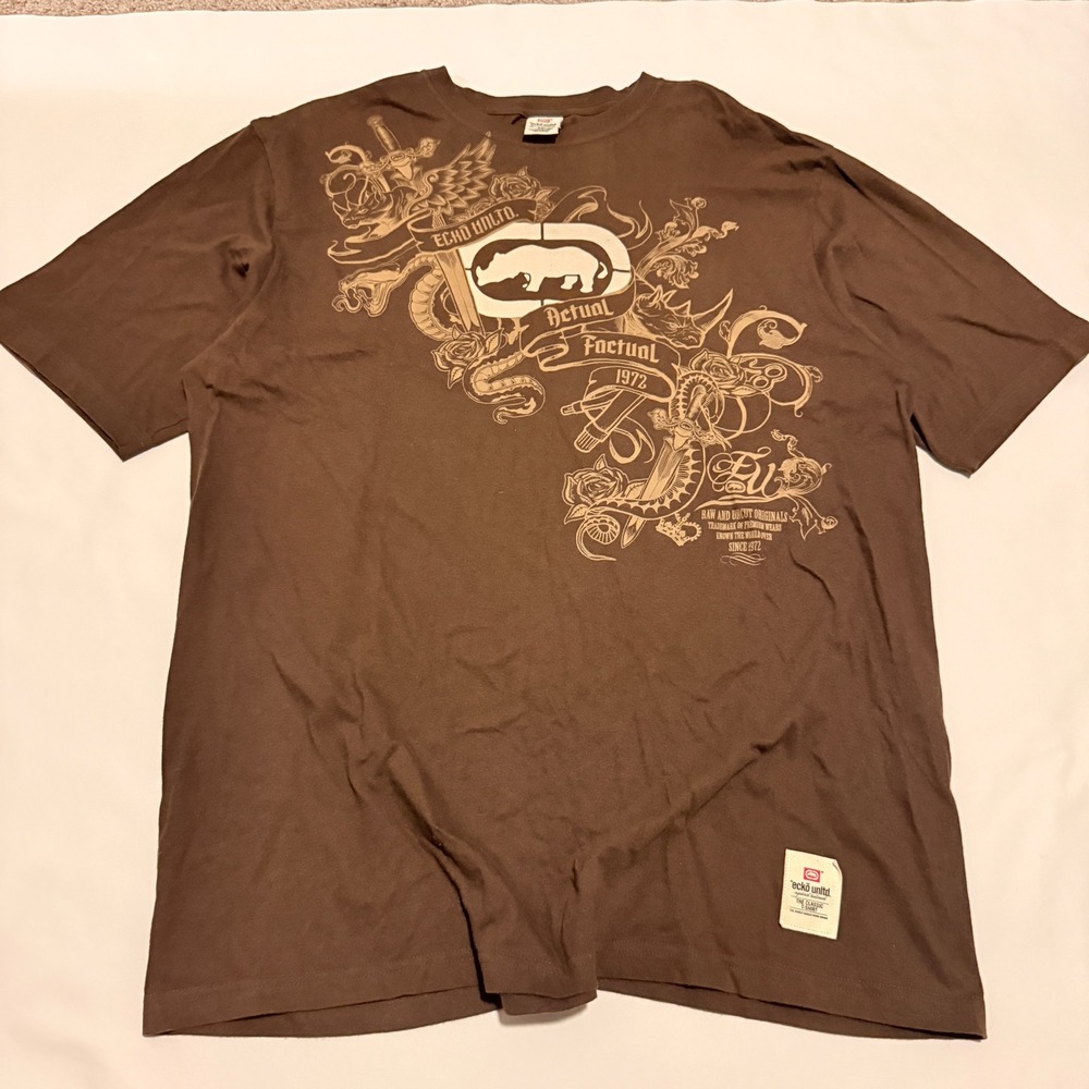 Ecko Unltd T-Shirt Mens 2XL Brown Y2K 2000s Graphic Rhino Streetwear Tee